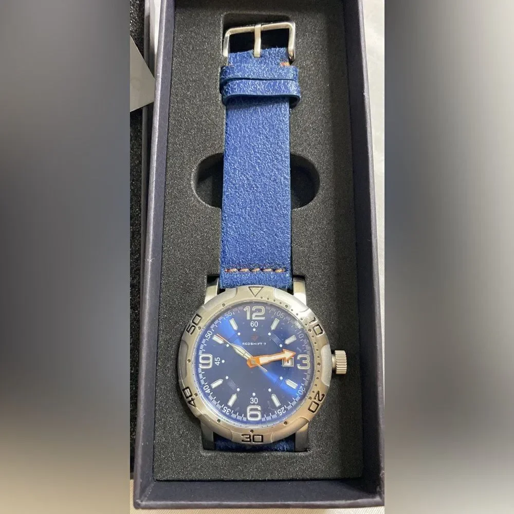 NWB Redshift 7 Blue Watch Stainless Steel Genuine Leather Water Resistant